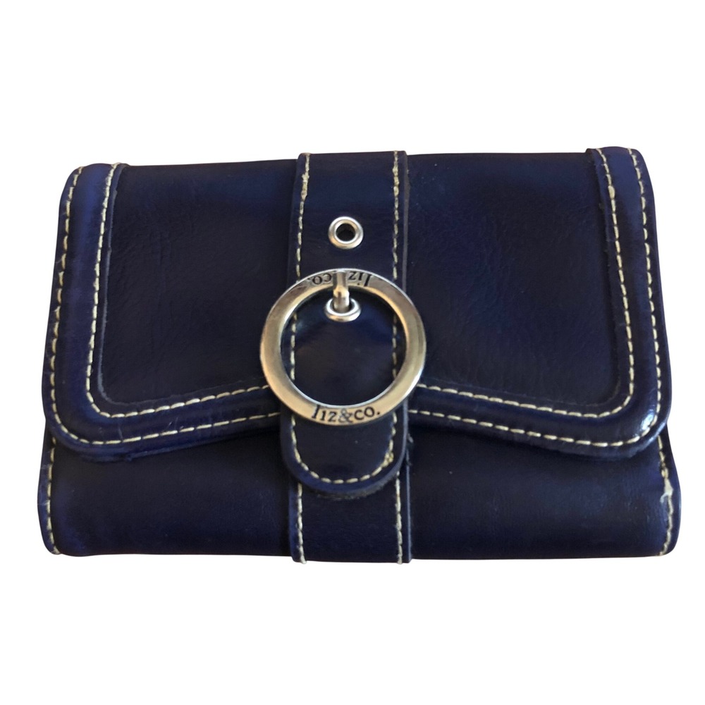 Liz & Co Women's Navy Blue Leather Quad Fold Wallet Silver Ring Buckle Detail